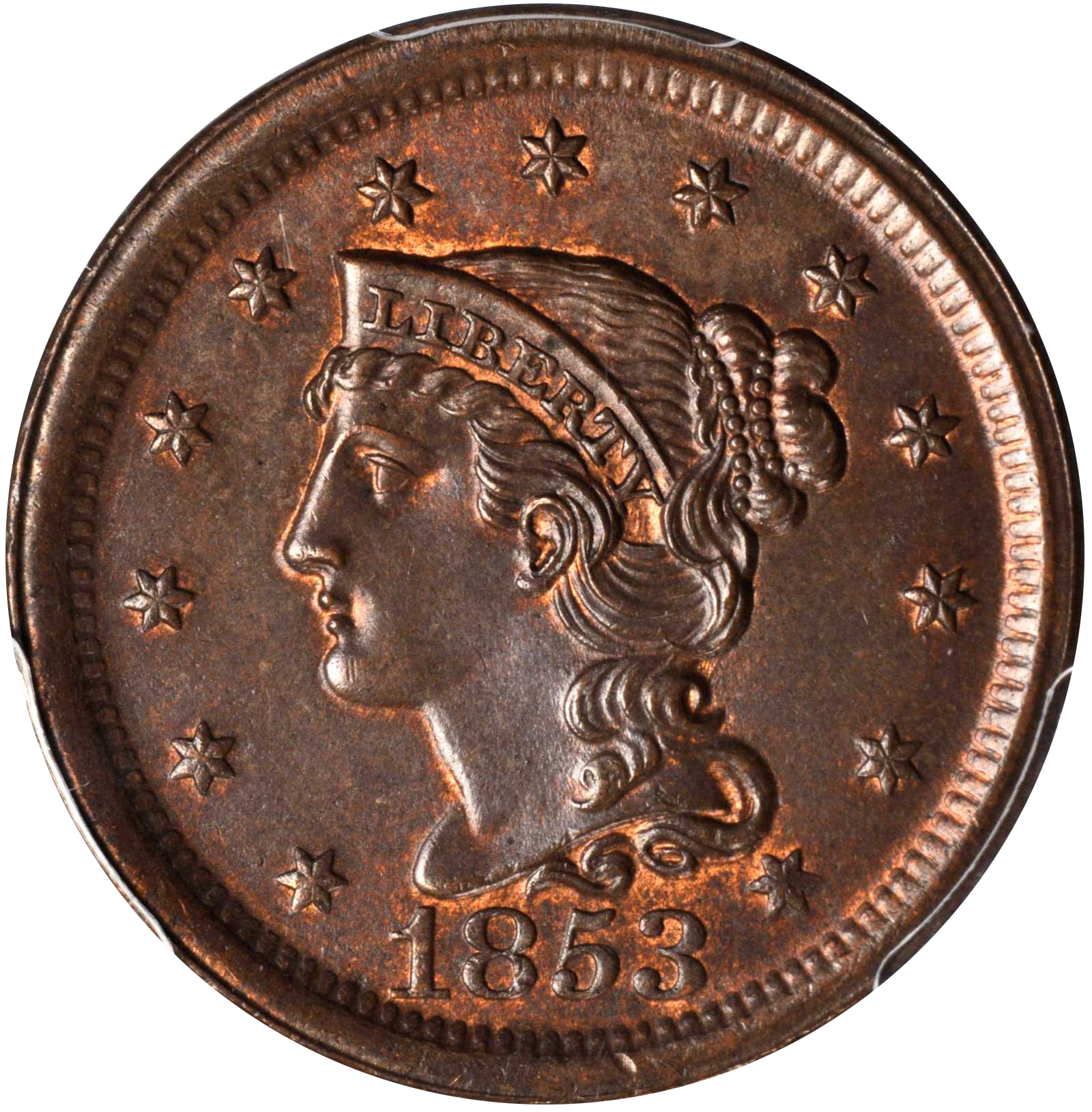 1853 Braided Hair Half Cent. AU-58 Details--Cleaned (ANACS).